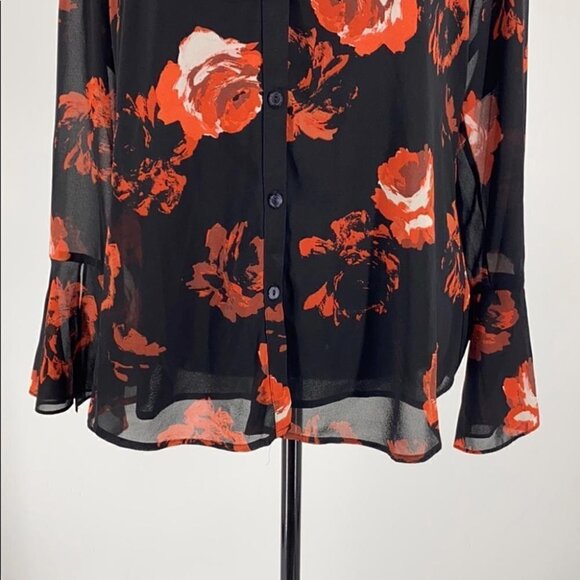 FOXCROFT Ali Painterly Rose Chiffon floral Blouse bell sleeve v-neck flowy boho - Picture 8 of 12